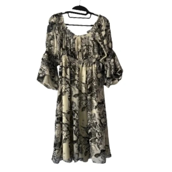 Max Studio Small Women's Black and Tan Midi Dress 3/4 Bell Sleeves Boho Relaxed - Picture 10 of 15